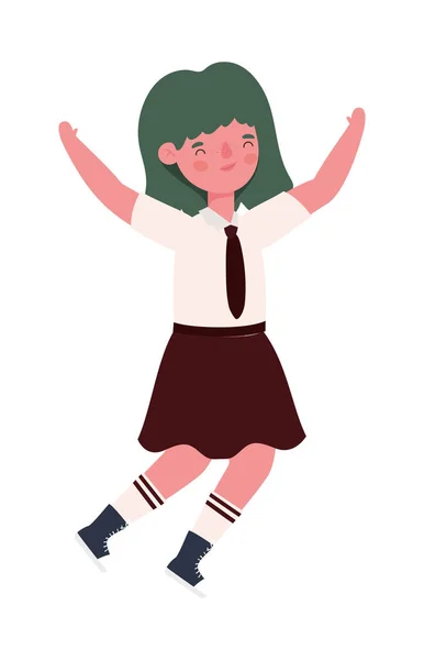 Menina criança desenhos animados com uniforme e braços para cima projeto vetorial de salto — Vetor de Stock