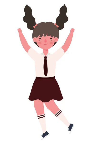 Menina criança desenhos animados com uniforme e braços para cima projeto vetorial de salto —  Vetores de Stock