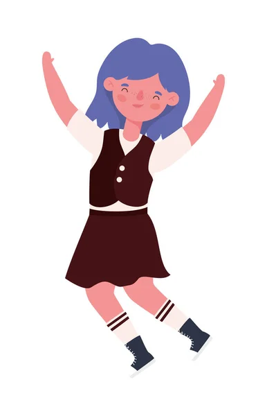 Lány gyerek rajzfilm egyenruha és karok fel ugró vektor design — Stock Vector