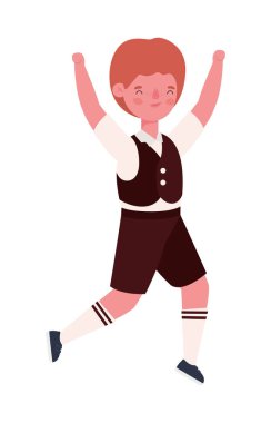 Erkek çocuk çizgi filmi, üniformalı ve kolları havada zıplayan vektör tasarımı.