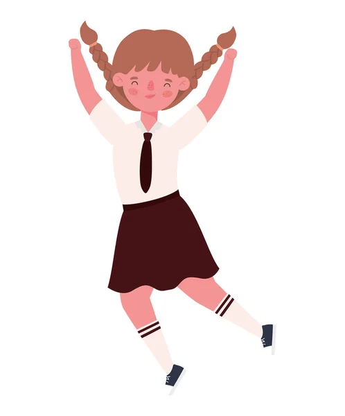Menina criança desenhos animados com uniforme e braços para cima projeto vetorial de salto — Vetor de Stock