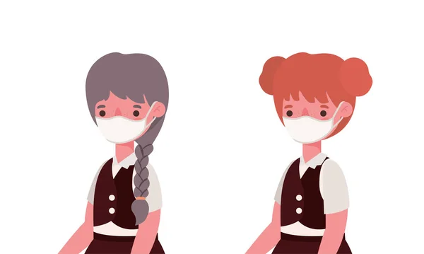 Chicas niños con máscaras médicas y uniformes de diseño vectorial — Archivo Imágenes Vectoriales
