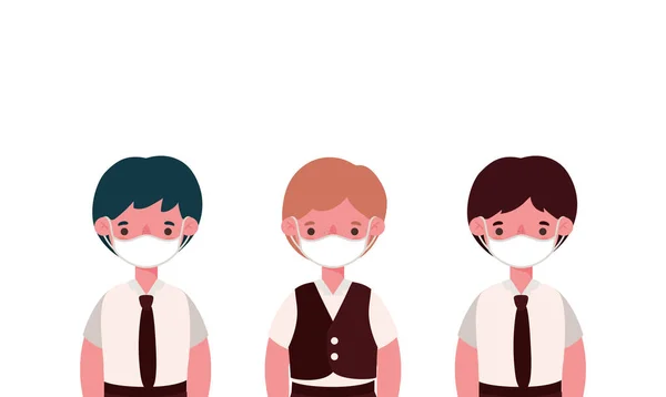 Αγόρια παιδιά με ιατρικές μάσκες και στολές vector design — Διανυσματικό Αρχείο