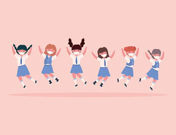 Meisjes kinderen met uniformen en medische maskers springen vector ontwerp — Stockvector