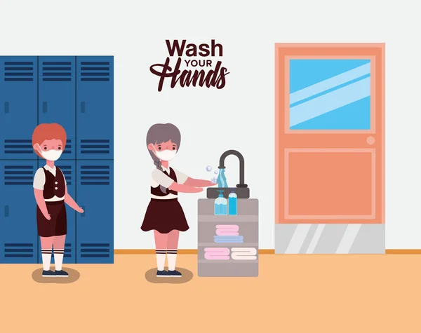 Flicka och pojke barn med uniform och mask tvätta händer vektor design — Stock vektor