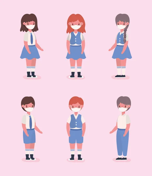 Girls and boys kids with uniforms and medical masks vector design — Stock Vector