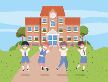 Okul vektör tasarımının önüne atlayan maskeli çocuklar.