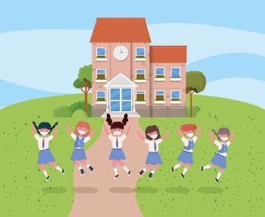 Okul vektör tasarımının önüne atlayan maskeli kızlar.