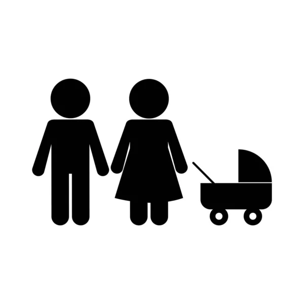 Moeder en vader met kinderwagen silhouet stijl icoon vector ontwerp — Stockvector