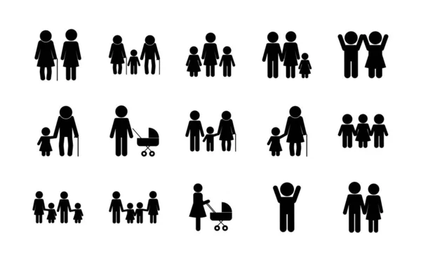 Familia avatares silueta estilo icono conjunto vector diseño — Vector de stock