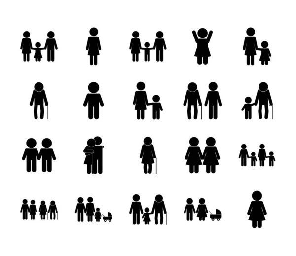 Familia avatares silueta estilo icono conjunto vector diseño — Vector de stock