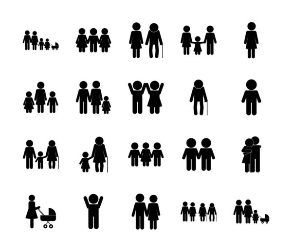 Famiglia avatar silhouette icona stile set design vettoriale — Vettoriale Stock