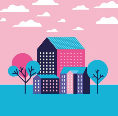 Mor mavi ve pembe şehir binaları bulutlar ve ağaçlar tasarlanmış.