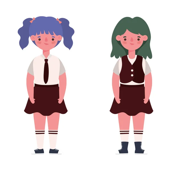 Filles enfants dessins animés avec des uniformes conception vectorielle — Image vectorielle