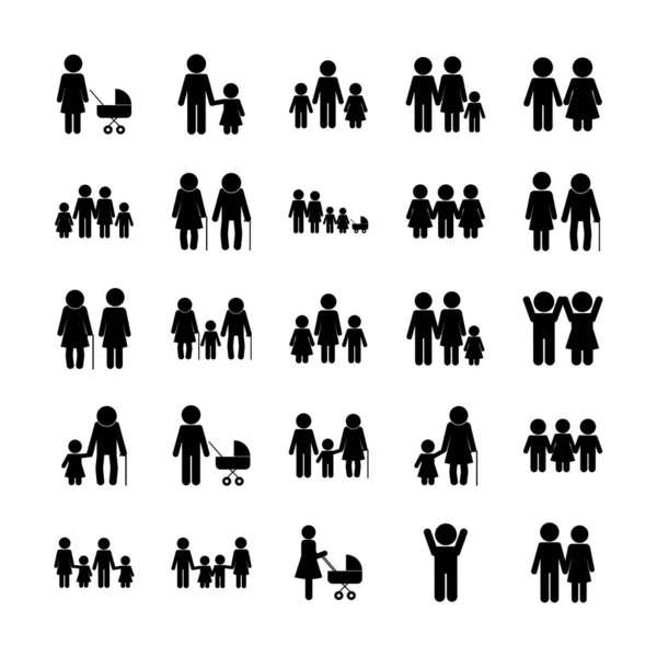 Familia avatares silueta estilo icono conjunto vector diseño — Vector de stock