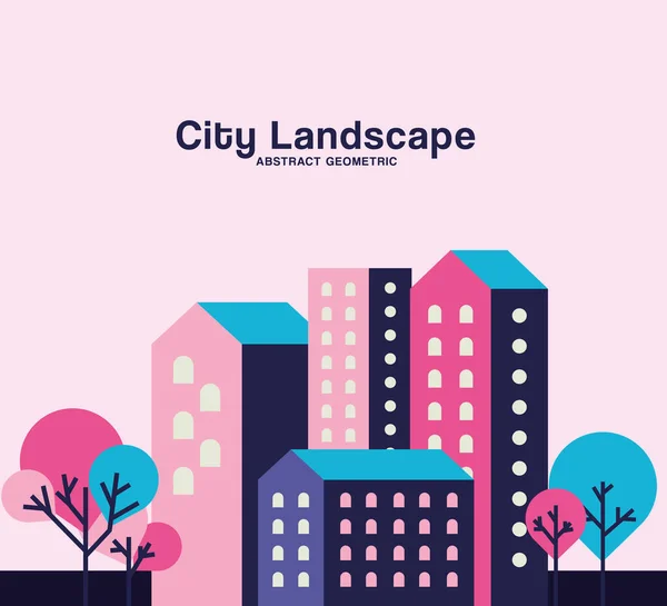Viola blu e rosa città edifici paesaggio con alberi di design — Vettoriale Stock