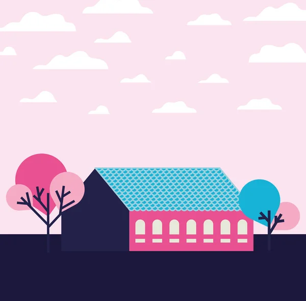 Pinkfarbene Stadtlandschaft mit Wolken und Bäumen — Stockvektor