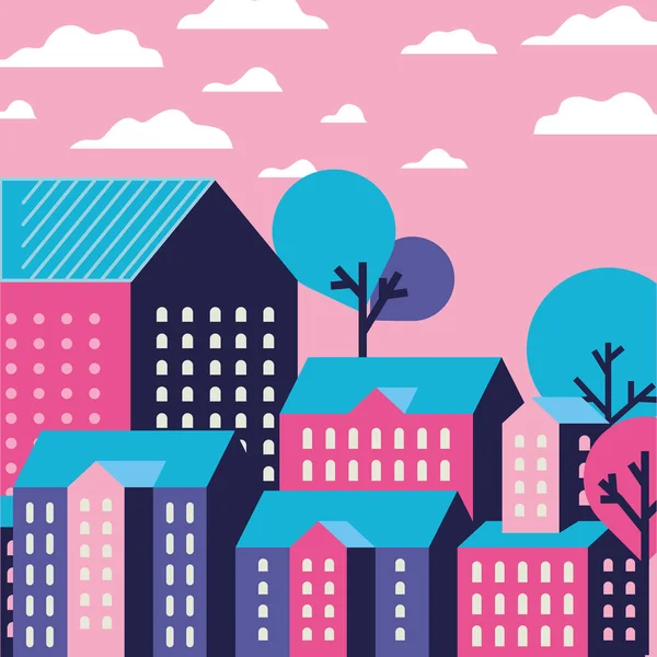 Púrpura azul y rosa ciudad edificios paisaje con nubes y árboles de diseño — Vector de stock
