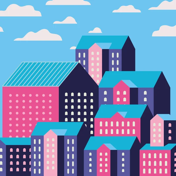 Púrpura azul y rosa ciudad edificios paisaje con diseño de nubes — Vector de stock