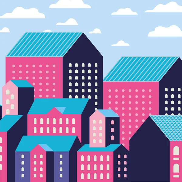 Púrpura azul y rosa ciudad edificios paisaje con diseño de nubes — Vector de stock