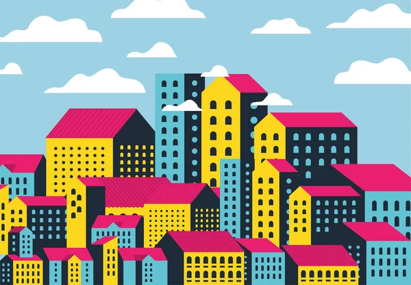 구름으로 설계된 노란색 과 분홍색 도시 건물 들 — 스톡 벡터