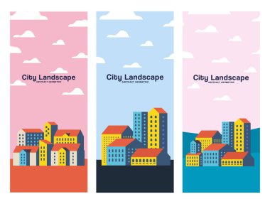 Sarı mavi ve turuncu şehir binaları bulutlu çerçeve tasarımlı