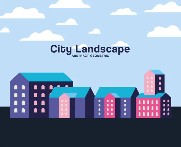 Rosa roxo e azul edifícios da cidade paisagem com design de nuvens — Vetor de Stock