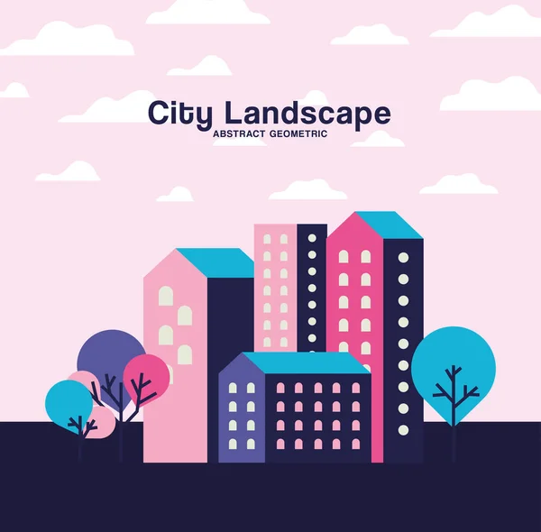 Rosa púrpura y azul ciudad edificios paisaje con nubes y árboles diseño — Vector de stock