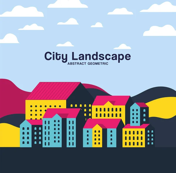 Amarillo azul y rosa ciudad edificios paisaje con diseño de nubes — Archivo Imágenes Vectoriales