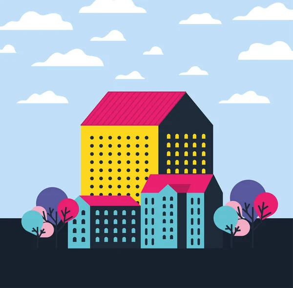 Gul blå och rosa stadsbyggnader landskap med moln och träd design — Stock vektor