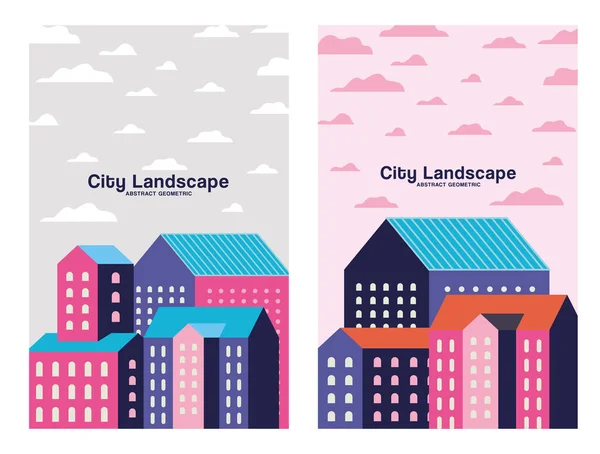 Rosa púrpura y azul ciudad edificios paisaje con nubes marcos de diseño — Vector de stock