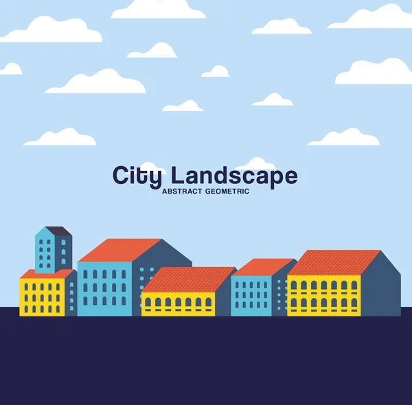 Amarelo azul e laranja edifícios da cidade paisagem com design de nuvens — Vetor de Stock