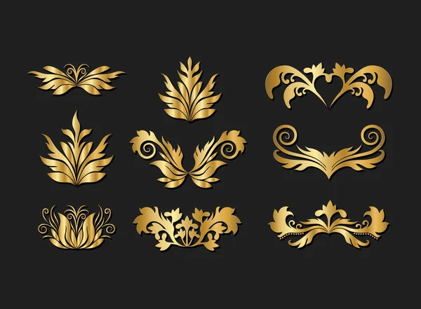 Oro decorativo foglie elementi set disegno vettoriale — Vettoriale Stock
