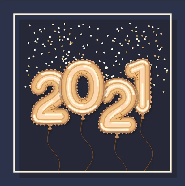 2021 goldene Luftballons im Rahmen von Happy New Year Design — Stockvektor