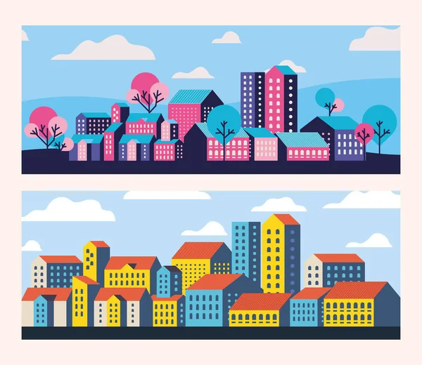 Yellow blue and pink city buildings landscape with clouds and trees frames design — Stock Vector