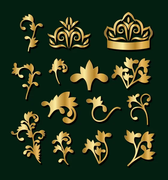 Gold decorative leaves elements set vector design — Stock Vector