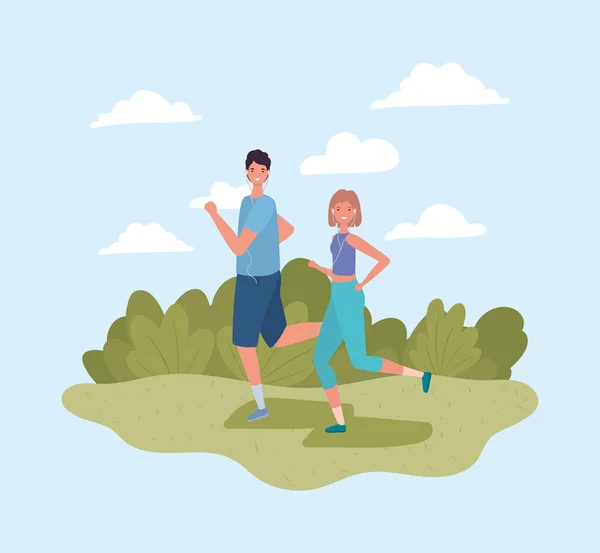 Жінка і чоловік, що біжить в парку Векторний дизайн — стоковий вектор