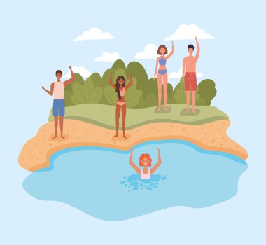 Plaj vektör tasarımında mayolu insanlar.