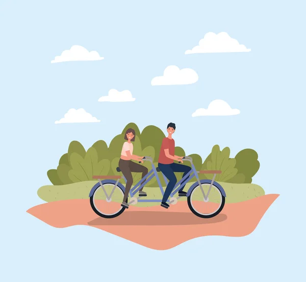 Mujer y hombre montar en bicicleta en el diseño del vector del parque — Archivo Imágenes Vectoriales