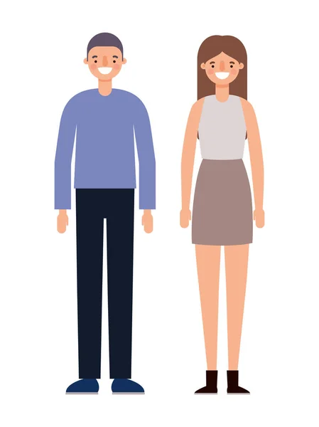 Mulher e homem desenhos animados casal sorrindo design vetorial — Vetor de Stock