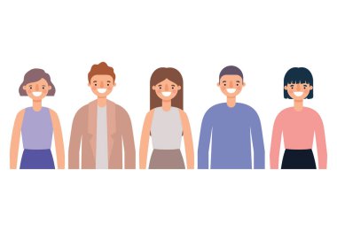 Kadınlar ve erkekler, gülümseyen vektör tasarımları çizerler.