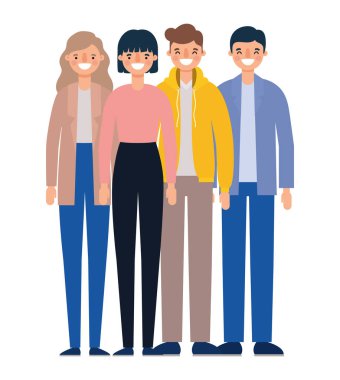 Kadınlar ve erkekler, gülümseyen vektör tasarımları çizerler.