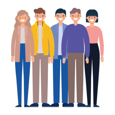 Kadınlar ve erkekler, gülümseyen vektör tasarımları çizerler.