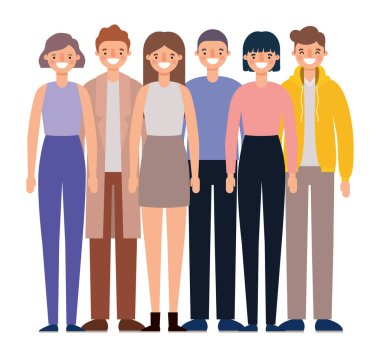 Kadınlar ve erkekler, gülümseyen vektör tasarımları çizerler.