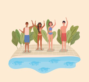 Havuz vektörü tasarımında mayolu insanlar