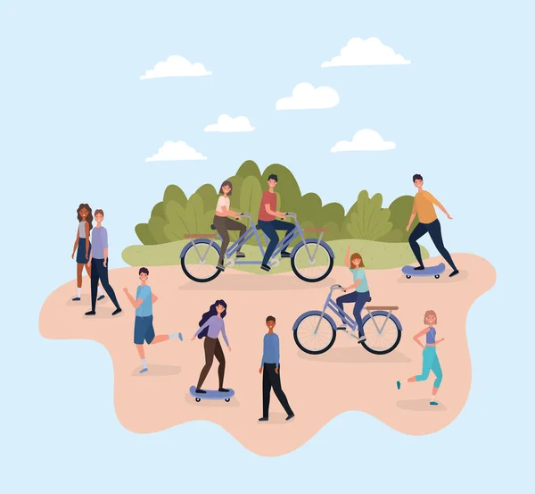 Personas con bicicletas y patinetas en el diseño de vectores de parque — Vector de stock