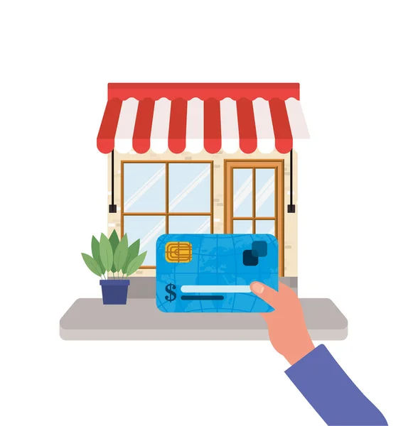 Mano de la celebración de la tarjeta de crédito en frente de diseño de vectores tienda local — Vector de stock