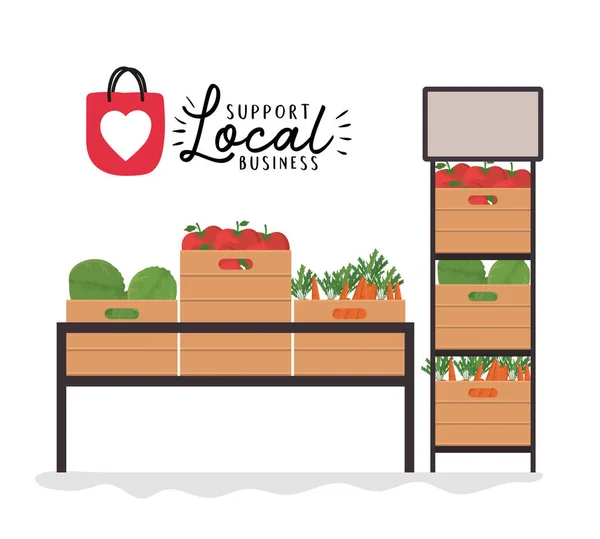 Estantes de verduras con apoyo local diseño de vectores de negocios — Vector de stock