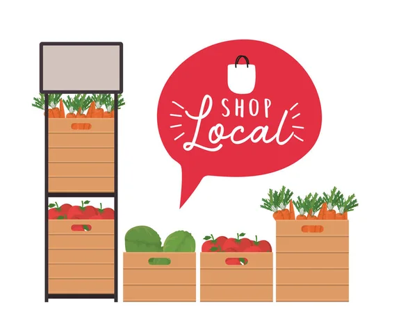 Estante de verduras y cajas con tienda local dentro de diseño de vectores de burbujas — Vector de stock