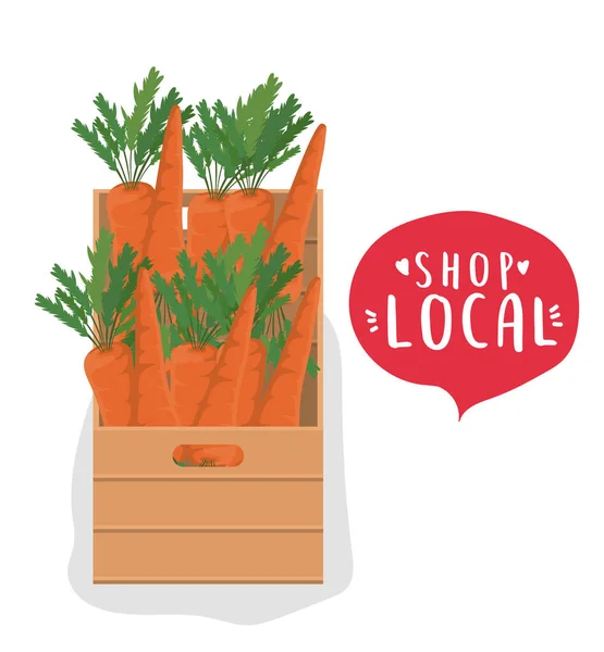Caja de zanahorias con tienda local dentro de diseño de vectores de burbujas — Vector de stock
